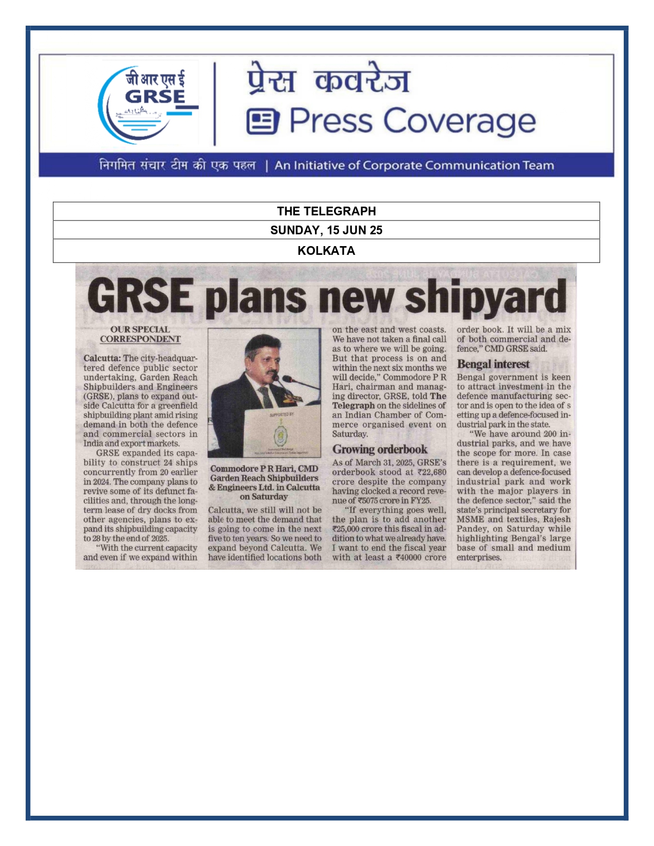 Press Coverage : GRSE signs contract with GSI for two coastal vessels  